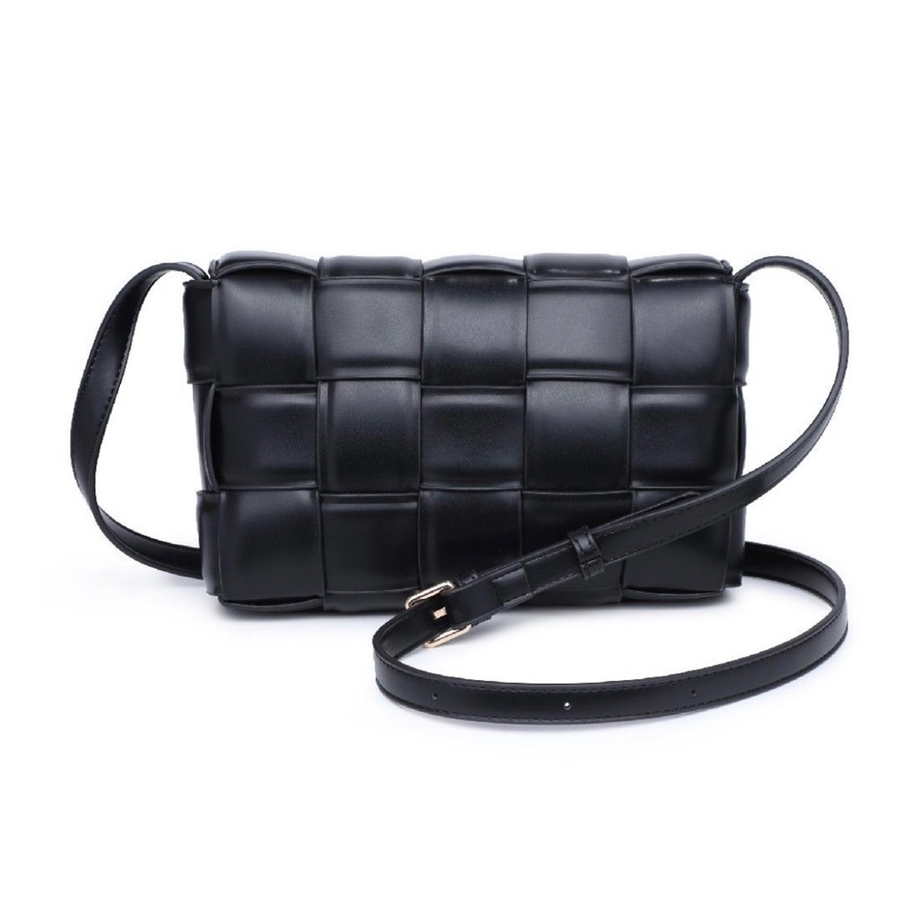 NEW Black Faux Leather Woven Designer Inspired Crossbody Bag